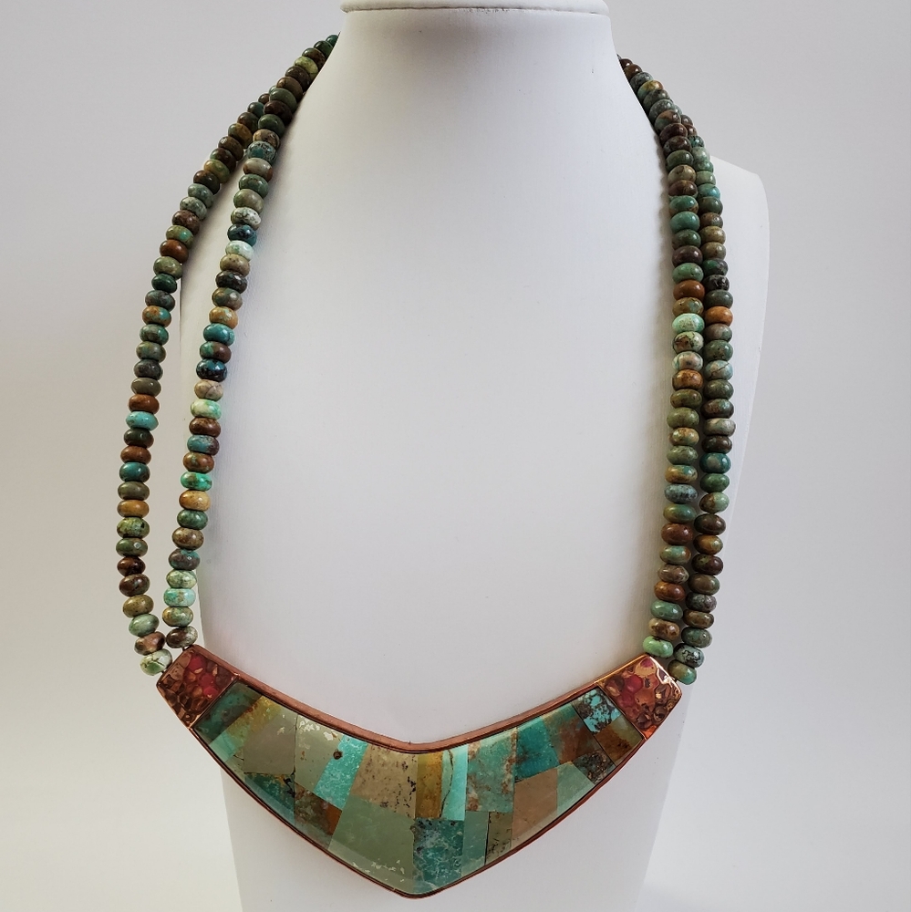 Copper Gold Turquoise Inlaid Native Necklace - Picture 4 of 9